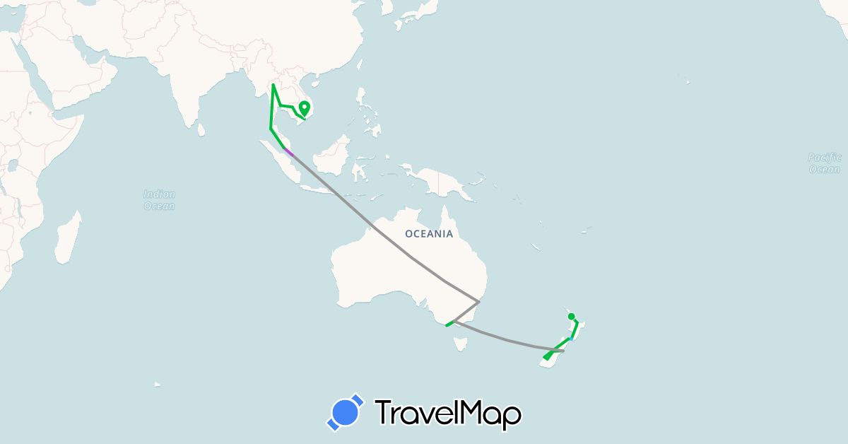 TravelMap itinerary: driving, bus, plane, train, boat in Australia, Indonesia, Cambodia, Malaysia, New Zealand, Singapore, Thailand, Vietnam (Asia, Oceania)